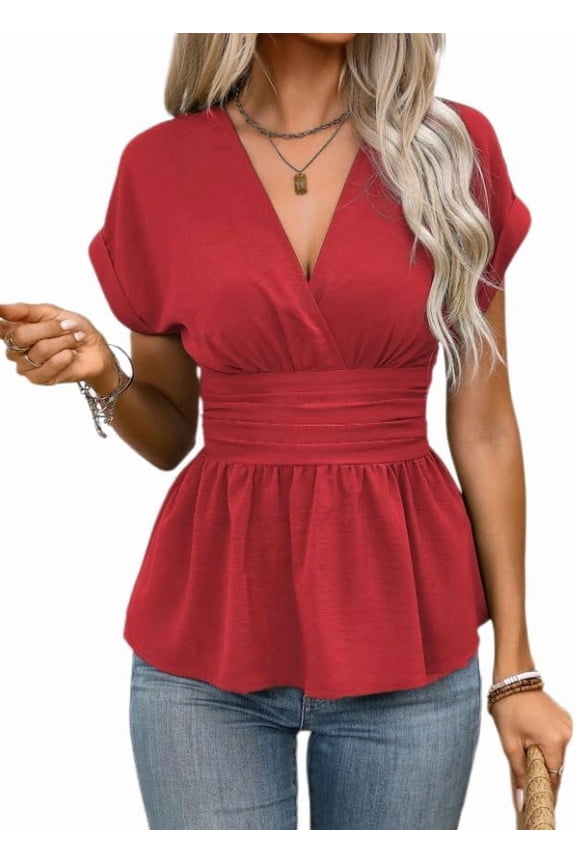 Women's Elegant Peplum Tops Wrap V Neck Cap Sleeve Stretchy Ruched Ruffle Dressy Casual Summer Blouses Shirts
