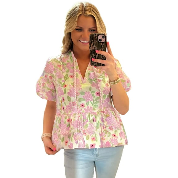 Women's Elegant Pink Floral Print Drawstring V Neck Peplum Blouse | [ZhiHiMeRi] | (US 12-14)L