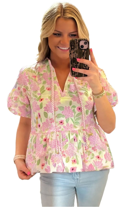 Women's Elegant Pink Floral Print Drawstring V Neck Peplum Blouse | [ZhiHiMeRi] | (US 12-14)L