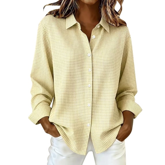 Women's Elegant Plaid Button Down Shirt Long Sleeve Gingham Business Blouse Tops Women Soft Lightweight Loose Shirts Daily Office Travel Outfits, Yellow 3XL