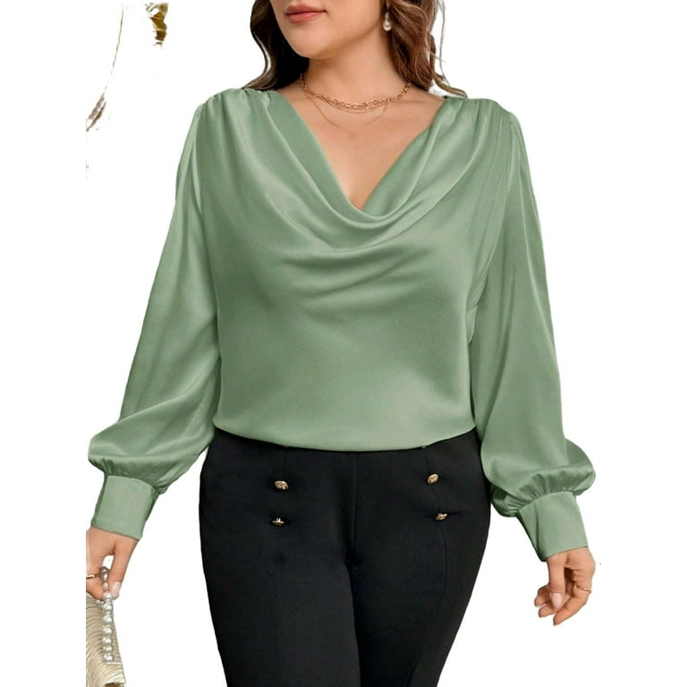 Women's Elegant Plain Cowl Neck Long Sleeve Mint Green Plus Size