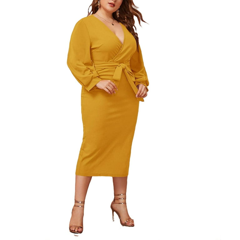 Women's Elegant Plain Mustard Yellow V neck Fitted Sleeve Plus Size -