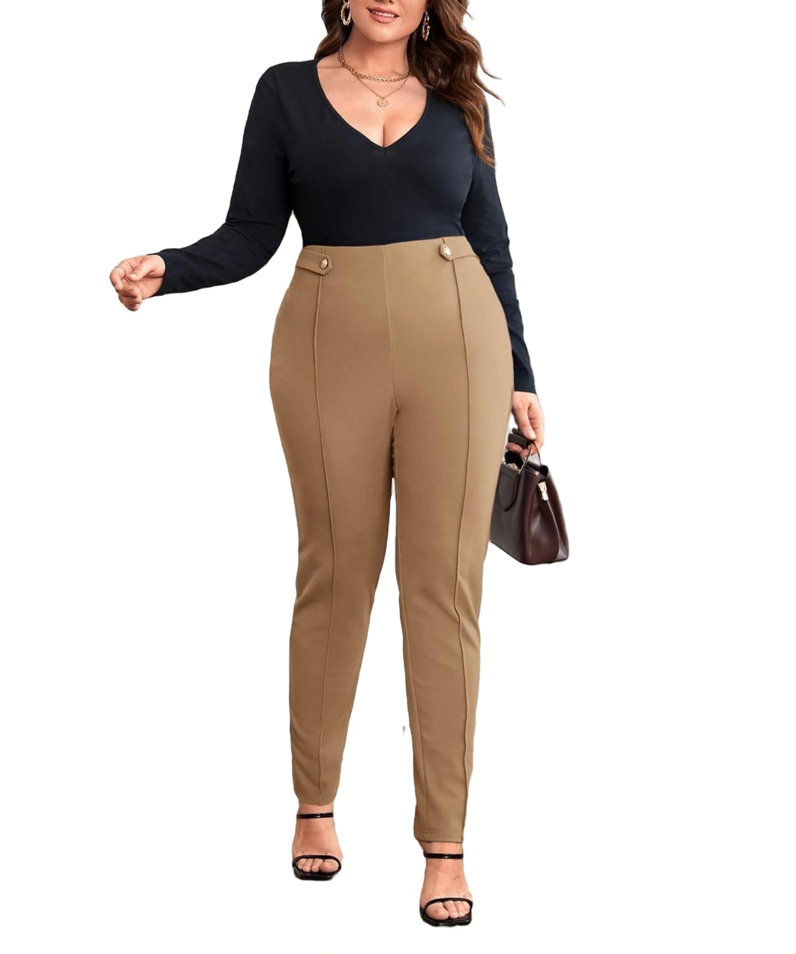 Women's Elegant Plain Skinny Camel Plus Size Pants 2XL