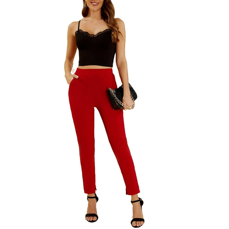 Women's Elegant Plain Skinny Red Pants M