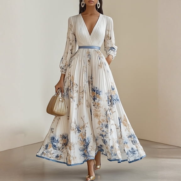 Women's Elegant Pleated Maxi Dress - Sexy V Neck Sleeveless Ink Floral Print High Waist A-Line Flowy Party Dress