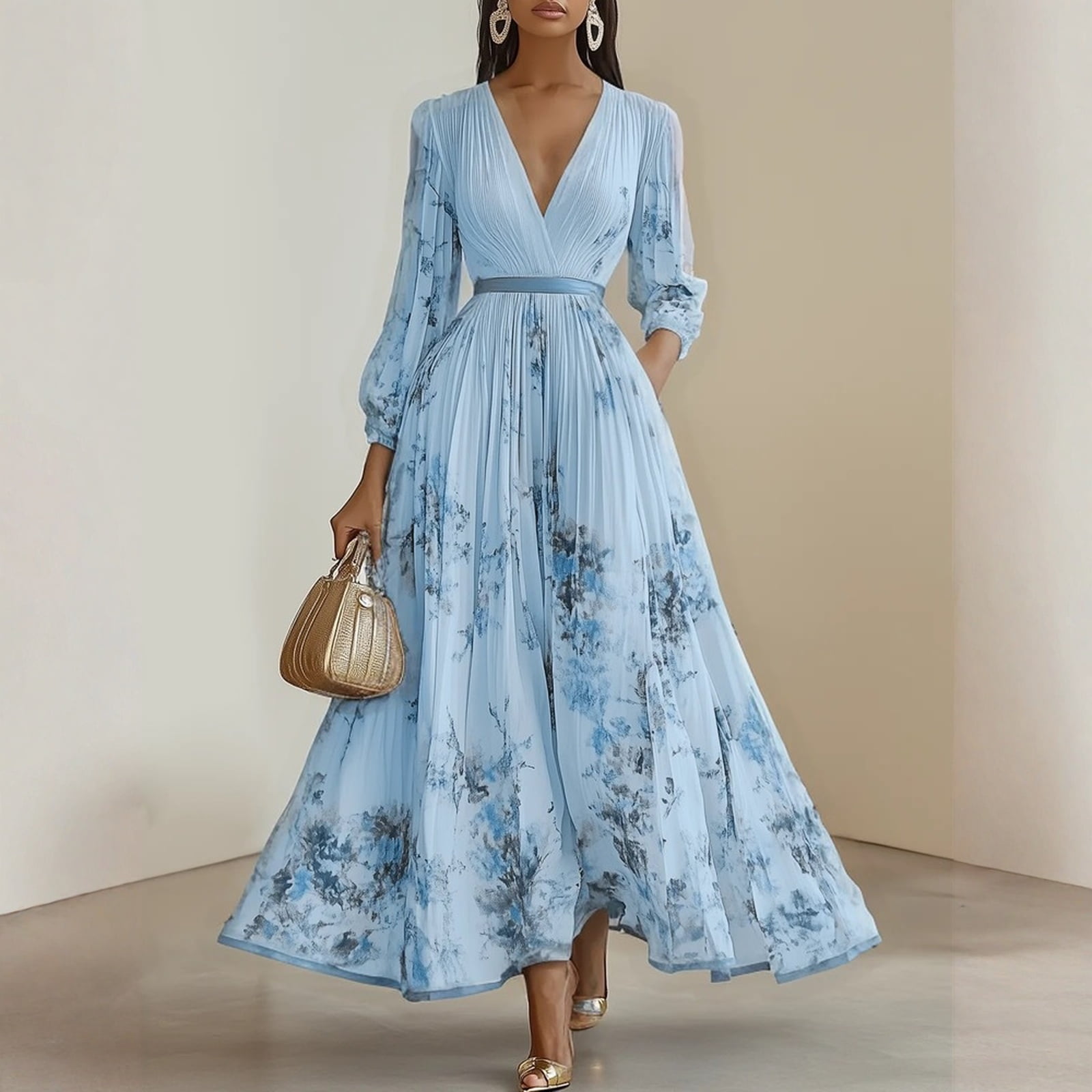 Women's Elegant Pleated Maxi Dress - Sexy V Neck Sleeveless Ink Floral ...