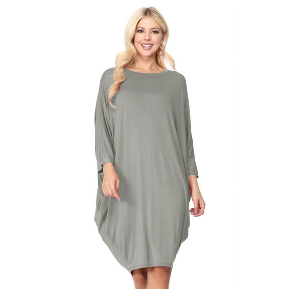 Women's Elegant Plus Size Loose Fit Dress Side Draped Dolman Sleeve Midi