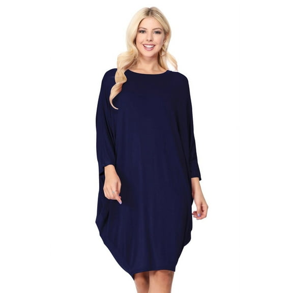 Women's Elegant Plus Size Loose Fit Dress Side Draped Dolman Sleeve Midi