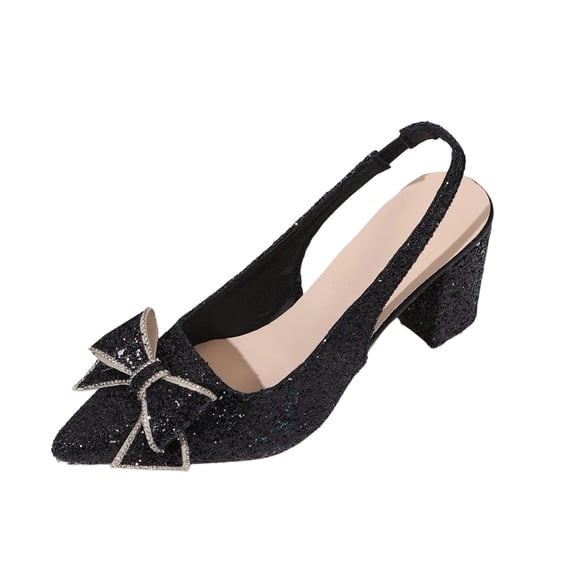 Women's Elegant Pointed Toe Block Heel Pumps Bow Sequin Work office Dress Shoes Comfort Walking High Heels for Party Wedding Black 6(37)