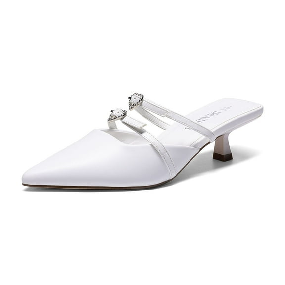 Women’s Elegant Pointed Toe Kitten Heel Mules With Rhinestone Accent