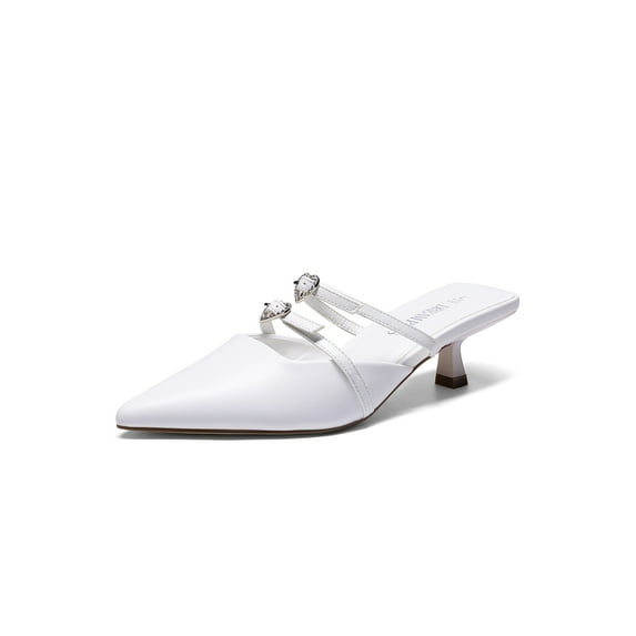 Women’s Elegant Pointed Toe Kitten Heel Mules With Rhinestone Accent