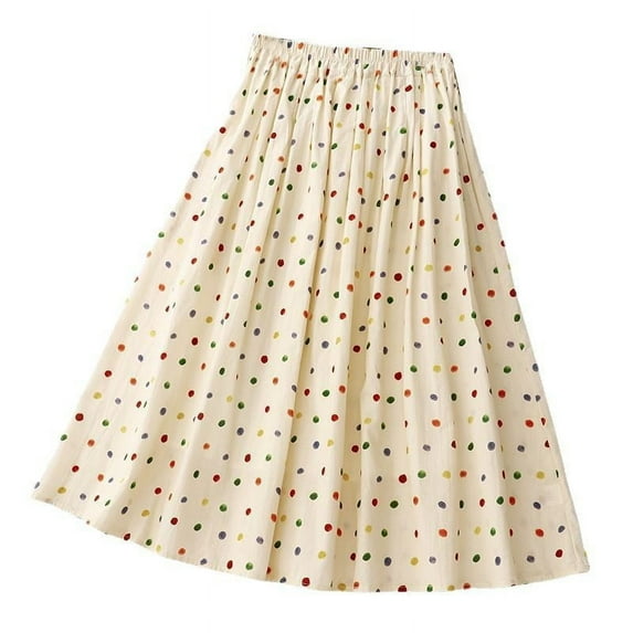 Women's Elegant Polka Dot A-Line Skirt Boho Swing Pleated Cotton Linen Midi Long Skirt with Pocket