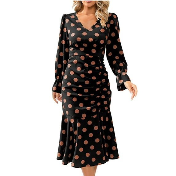 Women's Elegant Polka Dots Dress Long Sleeve Wrap V Neck Ruched Ruffle Hem Mermaid Pencil Midi Dresses