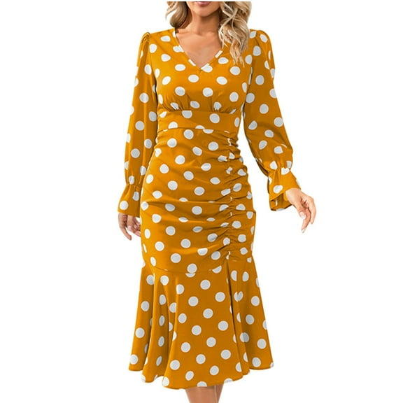 Women's Elegant Polka Dots Dress Long Sleeve Wrap V Neck Ruched Ruffle Hem Mermaid Pencil Midi Dresses