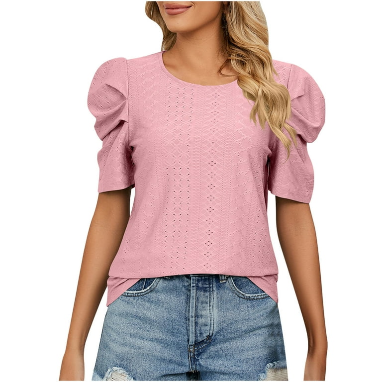 Women's Elegant Puff Sleeve Tops Round Neck Loose Fit Solid Solor Dressy  Casual Shirts Blouse Summer Tee Top 