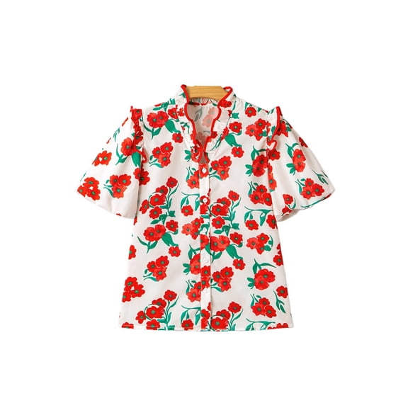 Women's Elegant Red Floral Print Ruffled Puff Sleeve Summer Shirt - [ZhiHiMeRi] | (US 12-14)L