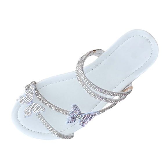 Women's Elegant Rhinestone Butterfly Transparent Elastic Strap Summer Flat Sandals Women's Rhinestone Decor Strappy Flat Sandals Glitter Thin Straps Open Toe Slip on Dressy Slides
