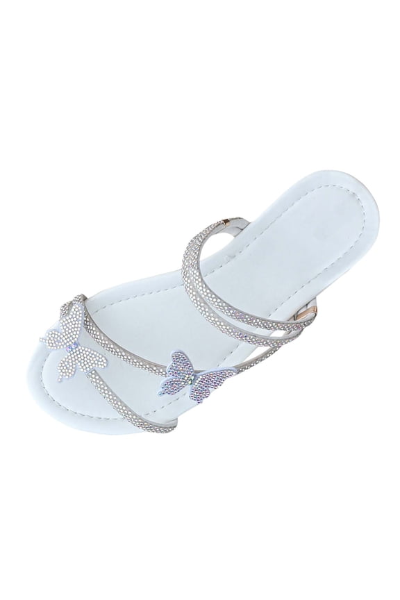 Women's Elegant Rhinestone Butterfly Transparent Elastic Strap Summer Flat Sandals Women's Rhinestone Decor Strappy Flat Sandals Glitter Thin Straps Open Toe Slip on Dressy Slides