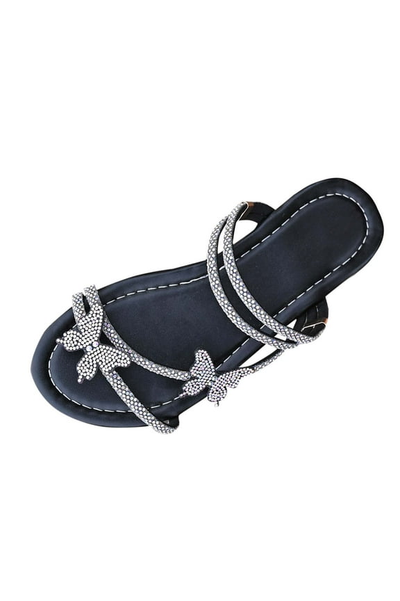 Women's Elegant Rhinestone Butterfly Transparent Elastic Strap Summer Flat Sandals Women's Rhinestone Decor Strappy Flat Sandals Glitter Thin Straps Open Toe Slip on Dressy Slides