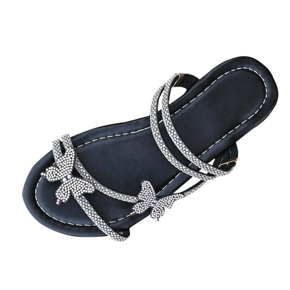 Women's Elegant Rhinestone Butterfly Transparent Elastic Strap Summer Flat Sandals Women's Rhinestone Decor Strappy Flat Sandals Glitter Thin Straps Open Toe Slip on Dressy Slides
