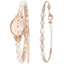 Women's Elegant Rose Gold Ladies Dress Watch with Pearl Bracelet: Stylish Oval Dial Wrist Watch for Birthday, Valentine's Day