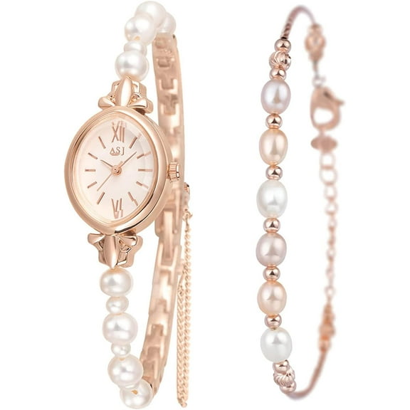 Women's Elegant Rose Gold Ladies Dress Watch with Pearl Bracelet: Stylish Oval Dial Wrist Watch for Birthday, Valentine's Day