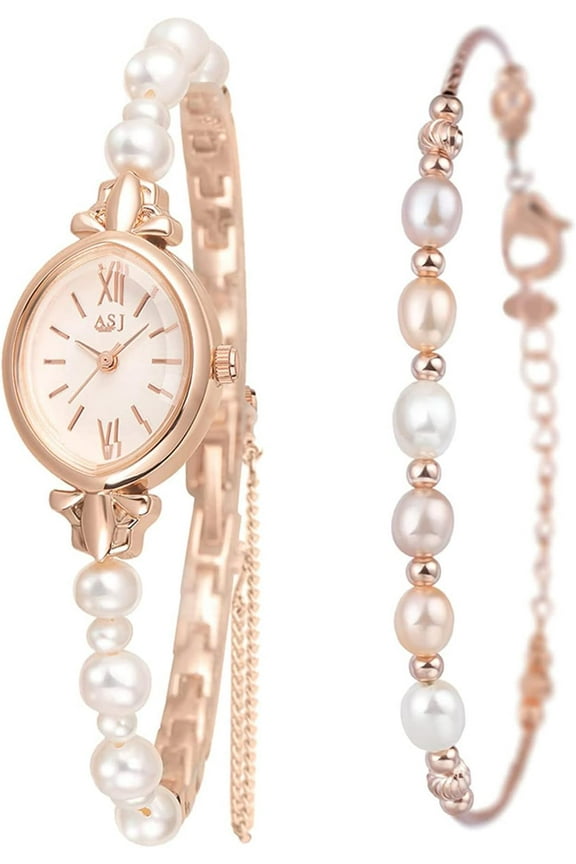 Women's Elegant Rose Gold Ladies Dress Watch with Pearl Bracelet: Stylish Oval Dial Wrist Watch for Birthday, Valentine's Day