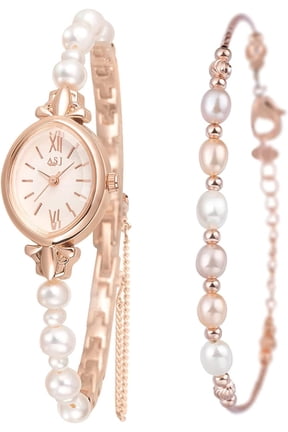 Women's Elegant Rose Gold Ladies Dress Watch with Simulated Pearl Bracelet: Stylish Oval Dial Wrist Watch for Birthday, Valentine's Day