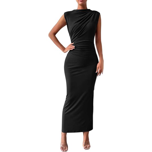 Women's Elegant Ruched Bodycon Dress Sleeveless Back Slit Club Party Maxi Evening Gown Formal Summer Casual
