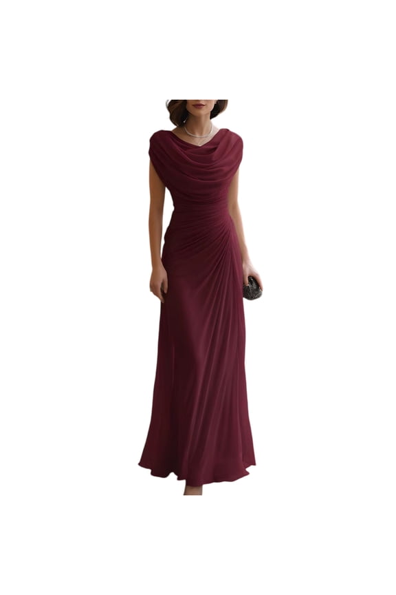 Women’s Elegant Ruched Drape Neck Maxi Dress Formal Sleeveless Gown for Party and Evening Event Wear Long Dress Wine L
