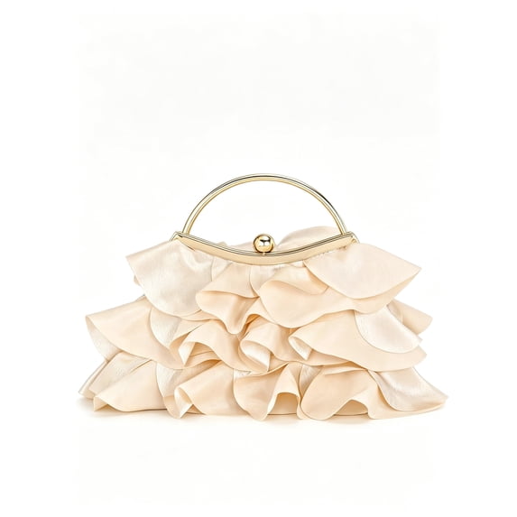 Women's Elegant Ruffle Evening Clutch Bag with Metal Handle, Floral Inspired Handbag for Wedding Party Prom
