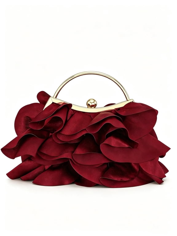 Women's Elegant Ruffle Evening Clutch Bag with Metal Handle, Floral Inspired Handbag for Wedding Party Prom