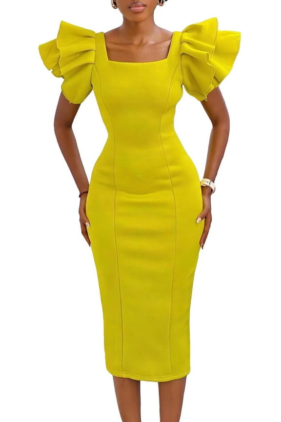 Women's Elegant Ruffle Sleeve Midi Cocktail Dress, Pencil for Party Dress