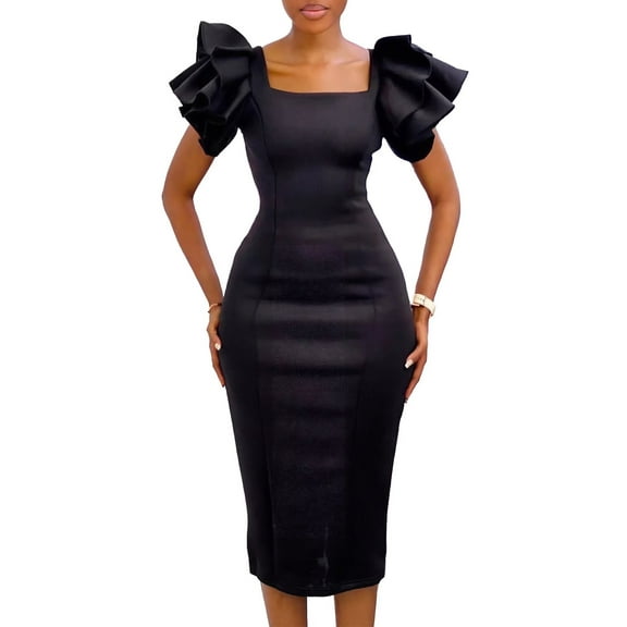 Women's Elegant Ruffle Sleeve Midi Cocktail Dress, Pencil for Party Dress