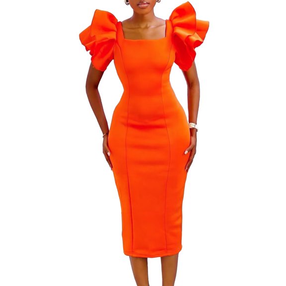 Women's Elegant Ruffle Sleeve Midi Cocktail Dress, Pencil for Party Dress