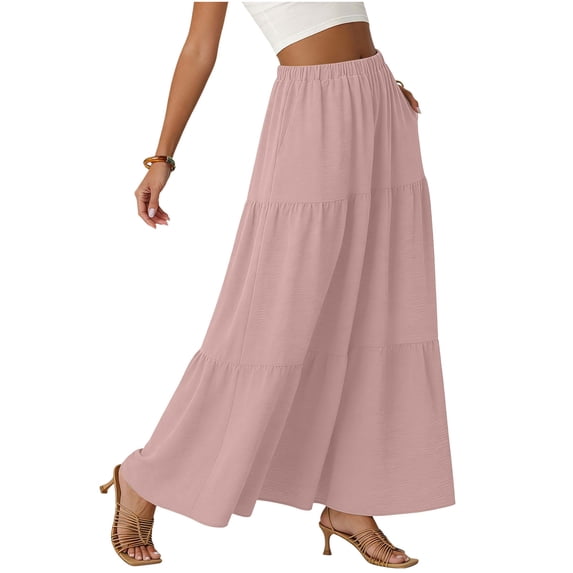 Women's Elegant Ruffle Tiered Maxi Skirt Summer Casual High Waisted A Line Flowy Long Skirts with Pockets