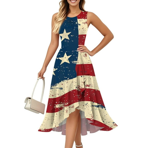 Women's Elegant Ruffled Dress Sleeveless Round Neck Design with Independence Day Print, Zip Detail for Casual Fashion,Khaki S