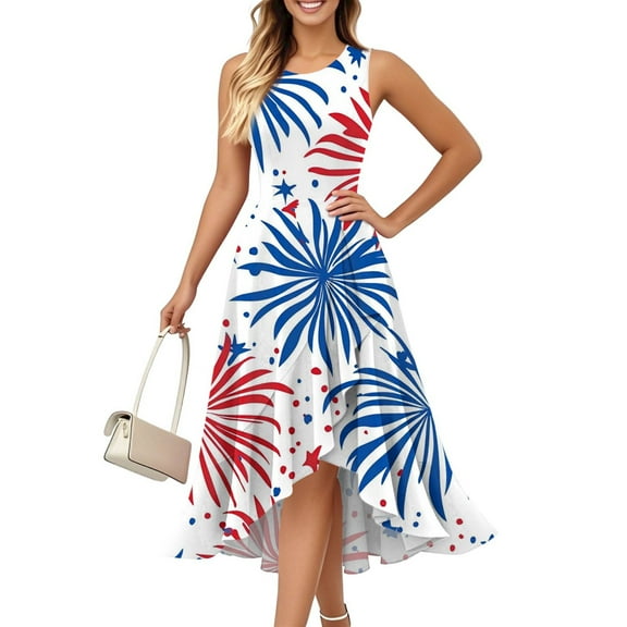 Women's Elegant Ruffled Dress Sleeveless Round Neck Design with Independence Day Print, Zip Detail for Casual Fashion,Light Blue S