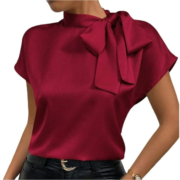 Women's Elegant Satin Blouse Short Sleeve Bow Tie Neck Top Office Workwear Solid Color Loose Fit Shirt for Business Casual Fashion Clothing for Women