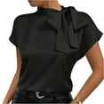 thumbnail image 1 of Women's Elegant Satin Blouse Short Sleeve Bow Tie Neck Top Office Workwear Solid Color Loose Fit Shirt for Business Casual Fashion Clothing for Women, 1 of 4