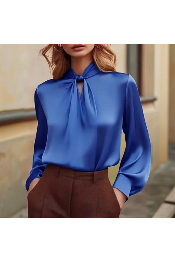 Women's Elegant Satin Blouse, Unique Neckline Design Top, Special Occasion Shirt, Luxurious Sheen Fabric, Dressy Casual Wear, Soft Draping Pullover Blue M