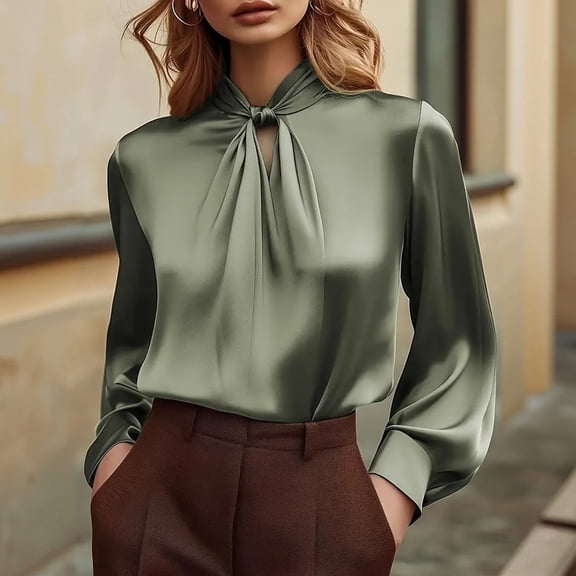 Women's Elegant Satin Blouse, Unique Neckline Design Top, Special Occasion Shirt, Luxurious Sheen Fabric, Dressy Casual Wear, Soft Draping Pullover Grey M