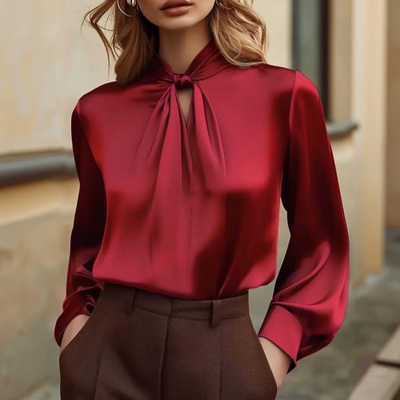 Women's Elegant Satin Blouse, Unique Neckline Design Top, Special Occasion Shirt, Luxurious Sheen Fabric, Dressy Casual Wear, Soft Draping Pullover Red XXL