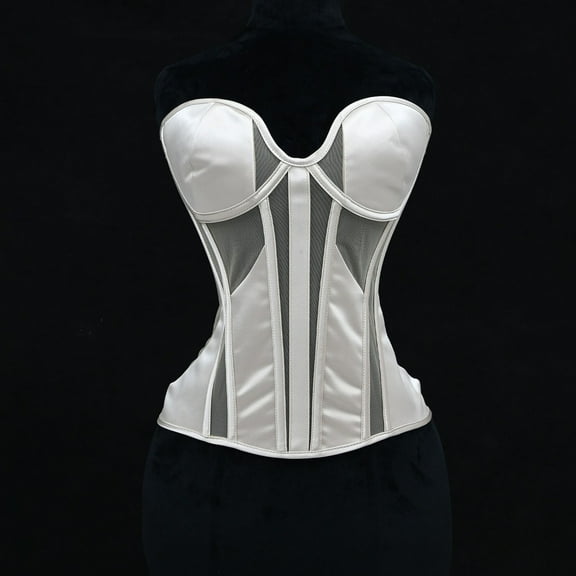 Women's Elegant Satin Corsets, Adjustable Lace-Up Underwire Padded Bra Fishbone Mesh Patchwork Bustier Tops XXL