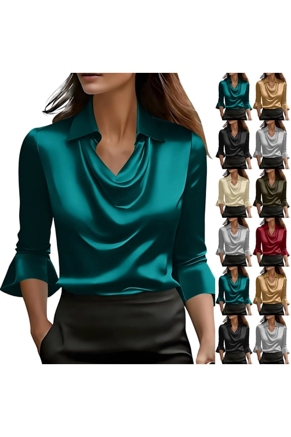 Women's Elegant Satin Cowl Neck Blouse 3/4 Sleeve Shirts Dressy Solid Business Office Work Ladies Tops 2026 Gold S
