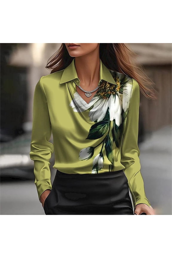 Women's Elegant Satin Cowl Neck Blouse Long Sleeves Casual Business Dressy Shirts Office Work Ladies Top Green 2XL