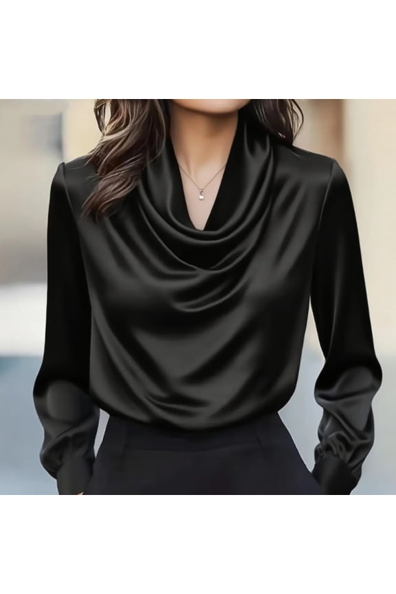 Women's Elegant Satin Cowl Neck Blouse, Pure Color Simple Design Long Sleeve Shirt, Luxurious Sheen Work Top, Versatile Business Casual Wear, Soft Draping Pullover Black L