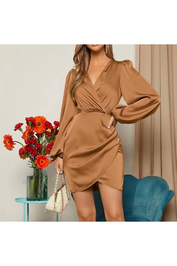 Women's Elegant Satin Long-sleeved Crssover V-neck Slim-fit Dress for Dressy Work Environments, Job Interviews and Upscale Offices Earthy Yellow M