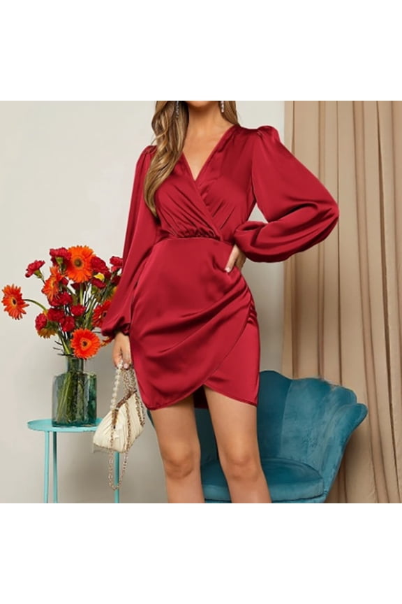 Women's Elegant Satin Long-sleeved Crssover V-neck Slim-fit Dress for Dressy Work Environments, Job Interviews and Upscale Offices Red M