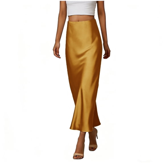 Women's Elegant Satin Maxi Skirts High Waisted Flare a Line Long Skirts Cocktail Party Wedding Guest Half Dress Orange 3XL